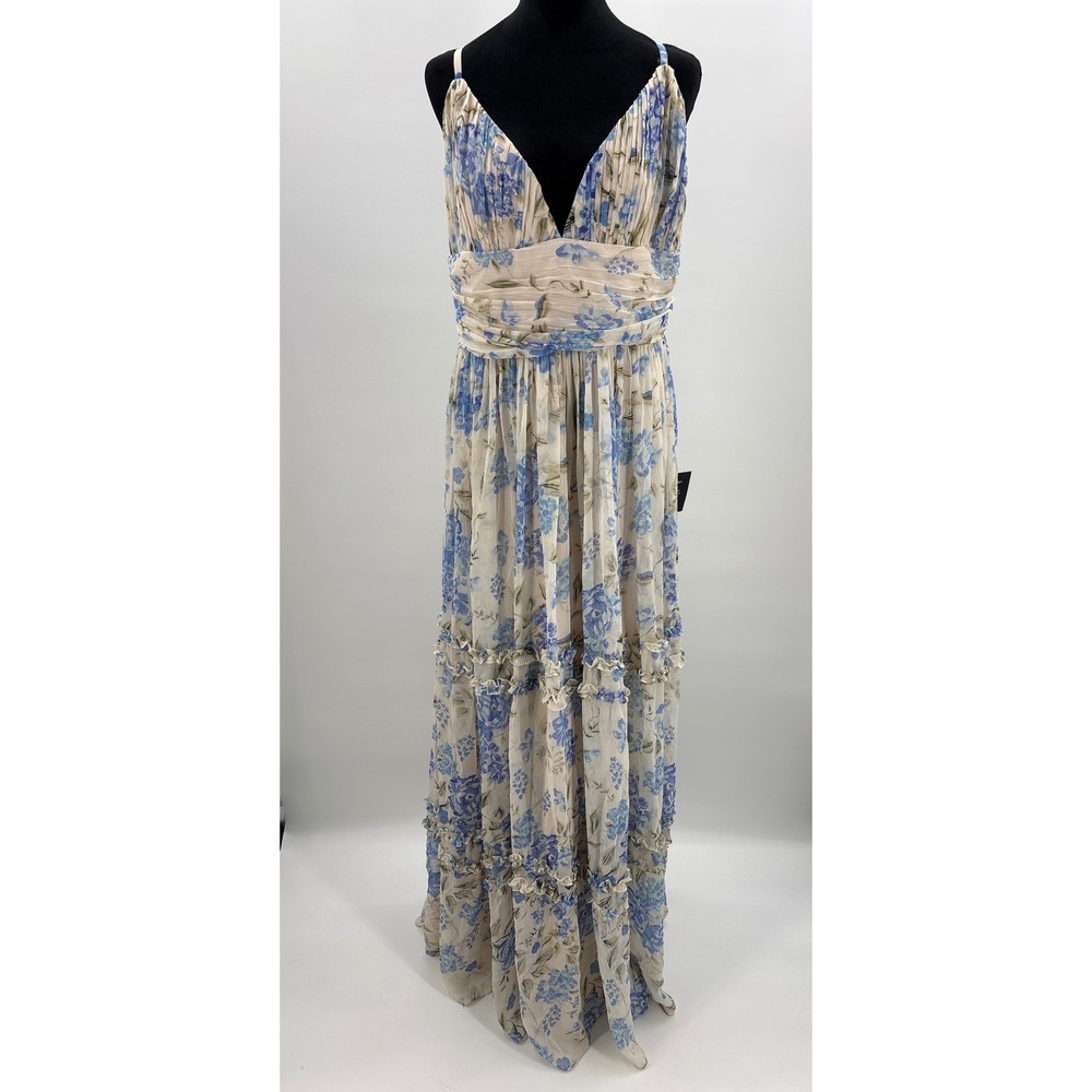 Lulus Niora Beige and Blue Floral Pleated Tiered Maxi Dress XL NEW - Picture 5 of 12